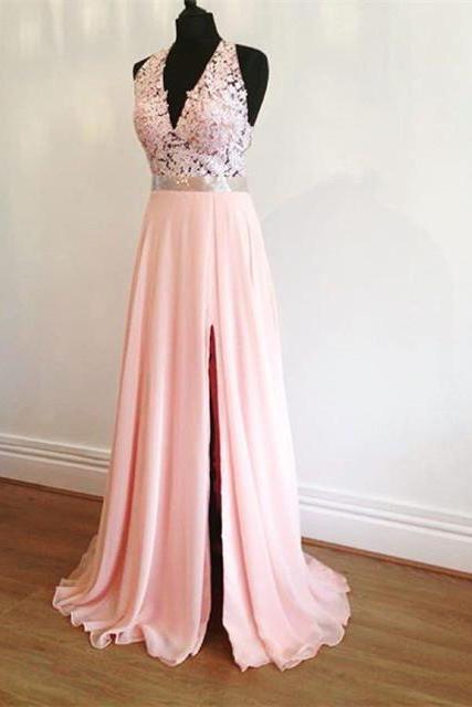 Prom Dress,modest Prom Dress,elegant Lace Halter Pink Chiffon Prom Dresses