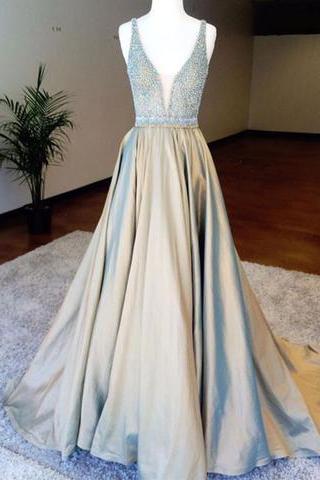 Charming Prom Dress,satin Prom Dress,v-neck Prom Dress,beading Evening Dress