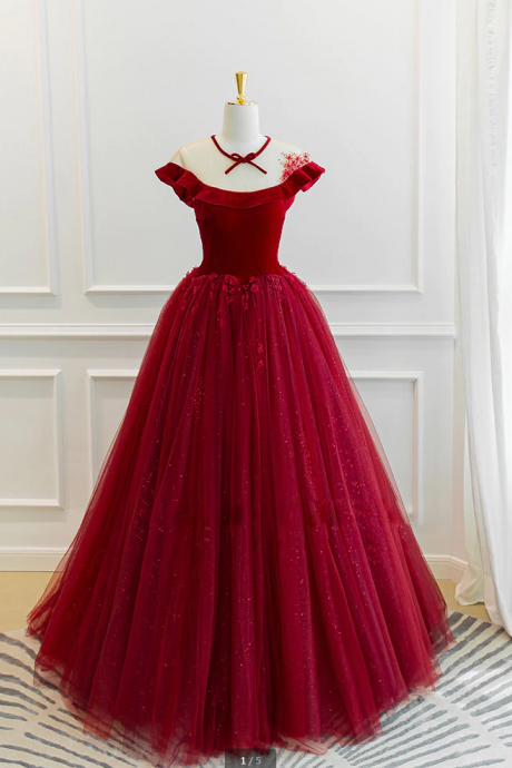 prom dresses,Burgundy round neck tulle lace long prom dress, burgundy evening dress
