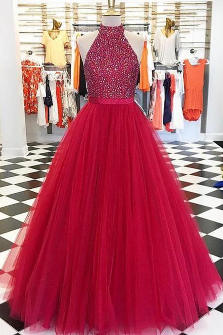 Tulle Long Prom Dresses With Beading,party Dress,evening Dresses