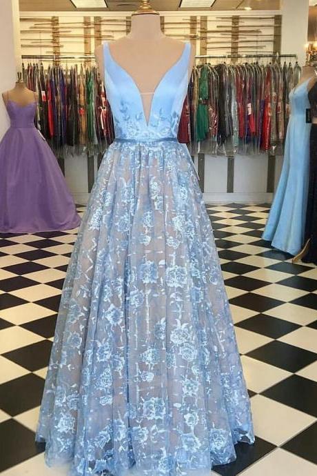 V Neck Long Prom Dress With Floral Embroidery