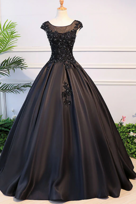 prom dresses,Black round neck lace long prom dress, black evening dress