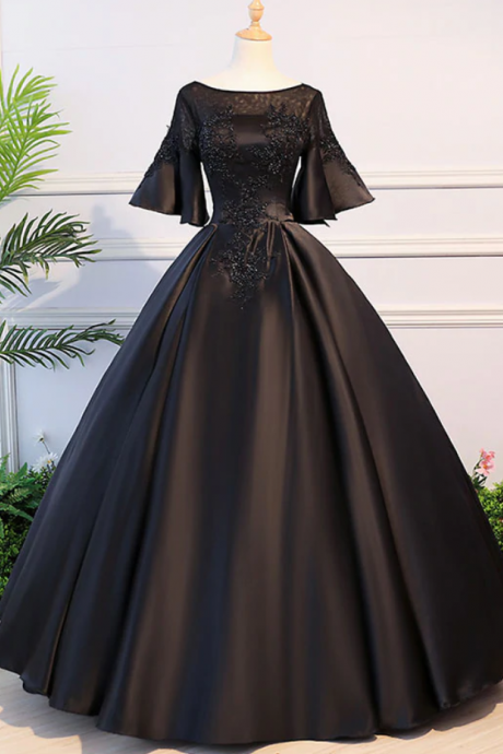 prom dresses,Black round neck satin lace long prom dress, sweet 16 dress