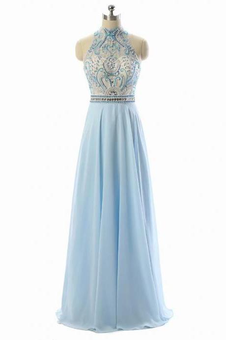 A-line Halter Neckline Floor-length Empire Light Blue Beaded Chiffon Bridesmaid Dress With Sequins