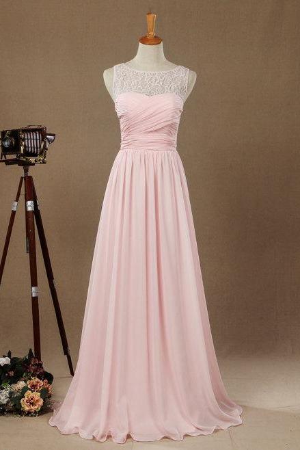Sexy Pink Evening Dresses With Lace Bodice Sheer Neck Chiffon Prom Party Dress Robe De Soiree Formal Gowns
