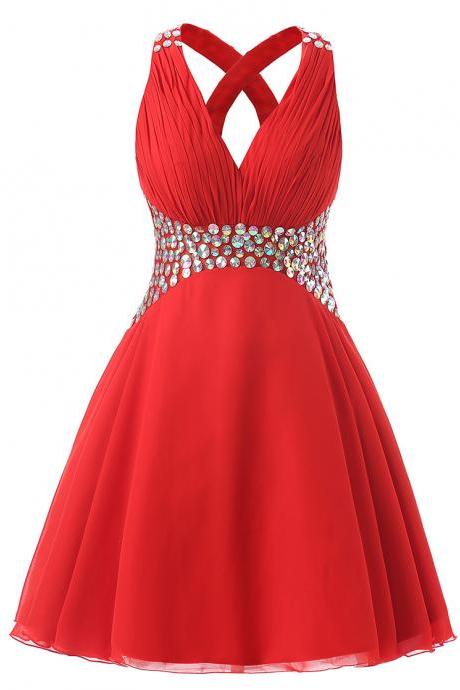 One Shoulder Red Homecoming Dresses,short Beaded Cross Back Cocktail Dressses, Unique Short Prom Dresses