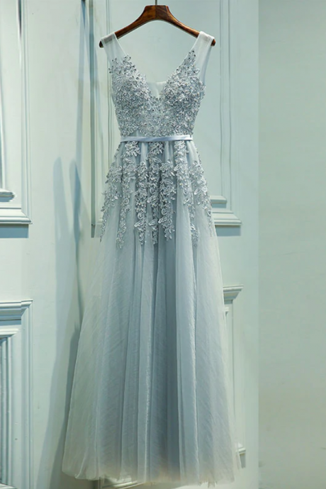 Prom Dresses,v Neck Lace Tulle Long Prom Dress, Lace Evening Dress