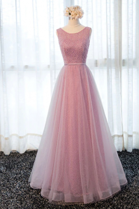 prom dresses,A line round neck tulle long prom dress, lace evening dress