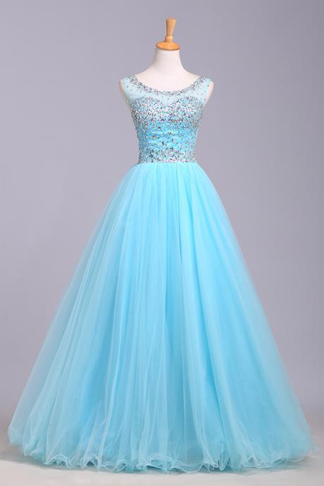 Light Blue Prom Dresses,tulle Prom Dress,modest Prom Gown,silver Beadedprom Gown,princess Evening Dress,ball Gown Evening Gowns,beaded Party