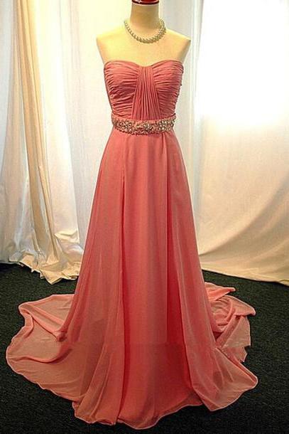 Chiffon Prom Dresses,strapless Prom Dress,modest Prom Gown,coral Prom Gowns,beading Evening Dress,sparkle Evening Gowns