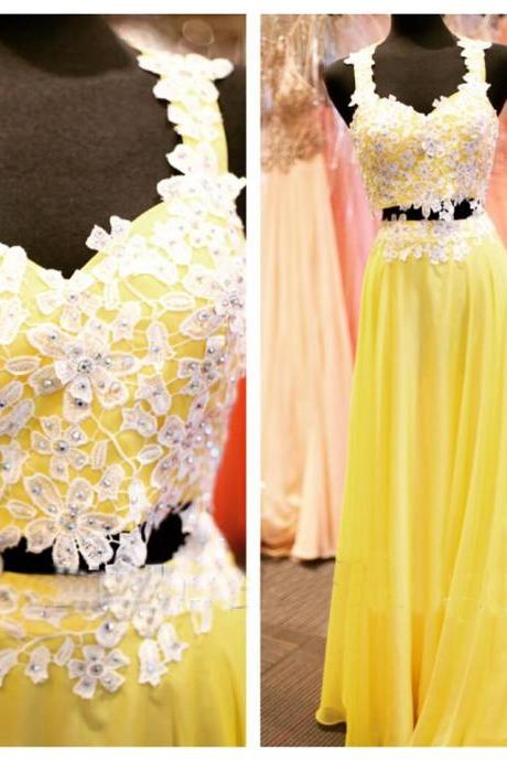 Beaded Prom Dresses,Beading Prom Dress,Yellow Prom Gown,2 Pieces Prom Gowns,Elegant Evening Dress,Lace Evening Gowns,2 Piece Evening Gowns