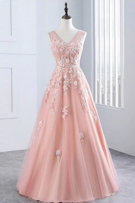 Prom Dresses,tulle Evening Dress,sexy Ball Gowns, Custom Made , Fashion, V Neck Evening Dress With Lace Appliqués, Long Sweet 16 Prom Dresses