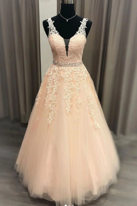 Prom Dresses,v Neck Sleeveless Tulle Prom Dress With Appliques, Puffy Quinceanera Dress