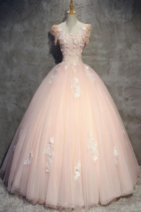 prom dresses,Tulle Long Prom Dress with Flowers, Princess Ball Gown Sheer Neck Party Dress