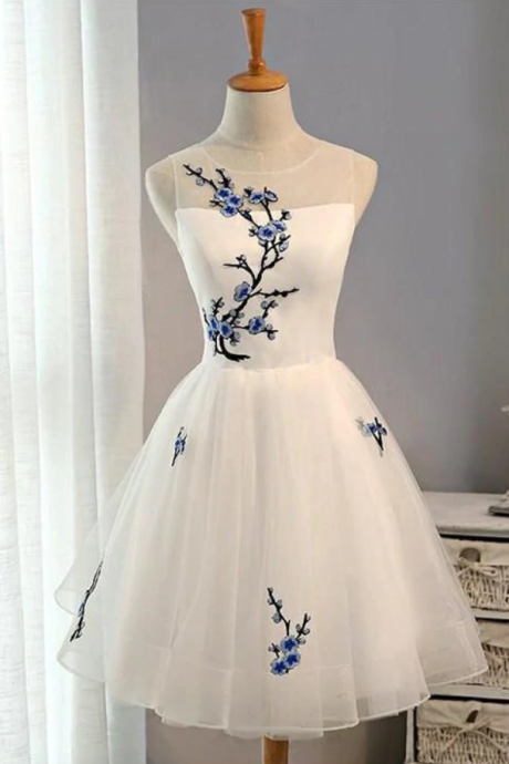 Homecoming dresses,New Arrival Embroidery Flowers Sleeveless Short Tulle Homecoming Dress,Short Prom Dress