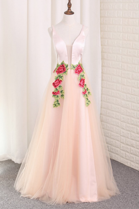 Prom Dresses,spaghetti Straps Prom Dresses Tulle A Line With Applique