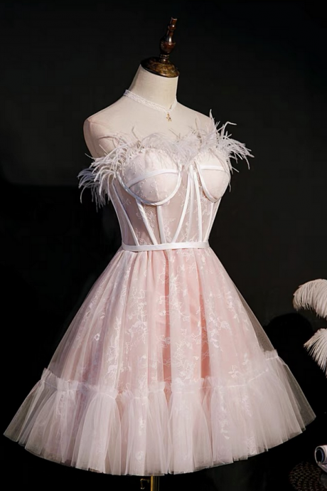 Feather Dress, Light Luxury Lace Homecoming Dress, Fairy Sweet Dress
