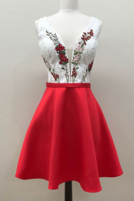 Fashion A-line, V-neck Sleeveless ,short Homecoming Dress With Lace Embroidery