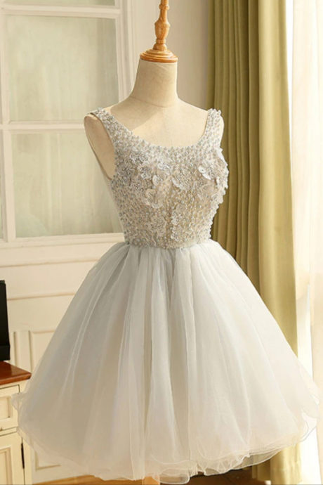 Cute A Line Tulle Pearl Short Prom Dress, Homecoming Dress