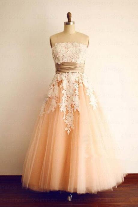 Lace Homecoming Dress, A-line Prom Dress, Strapless Evening Dress,long Prom Dress