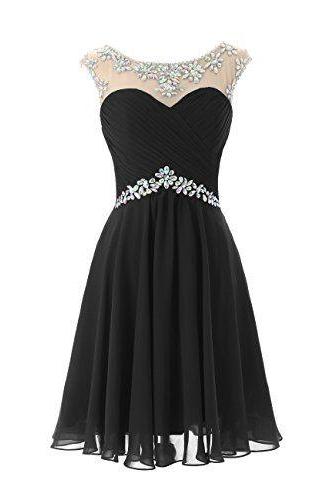 Beaded Embellished Black Chiffon Sweetheart Short A-line Homecoming Dress, Little Black Dress