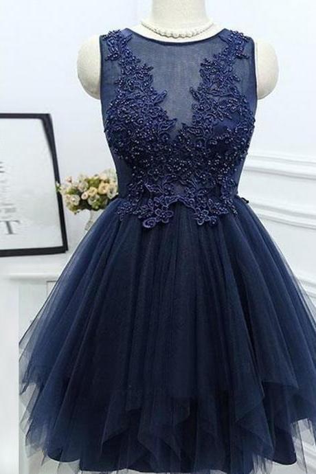 Tulle Lovely Navy Blue Homecoming Dress With Appliques Beadings, Adorable Prom Dress, Prom Dress