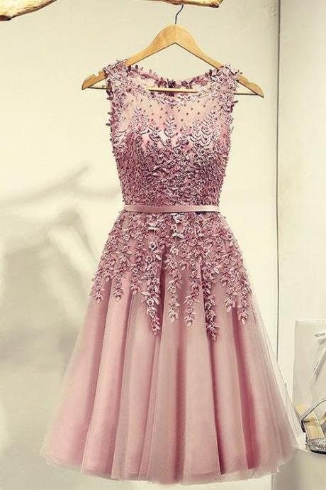 Pink Prom Dresses, Applique And Beaded Knee Length Party Dresses, Formal Gowns