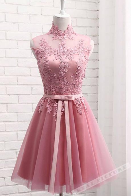 High Neckline Lace Applique Homecoming Dresses, Cute Sweet Formal Dresses, Knee Length Prom Dresses