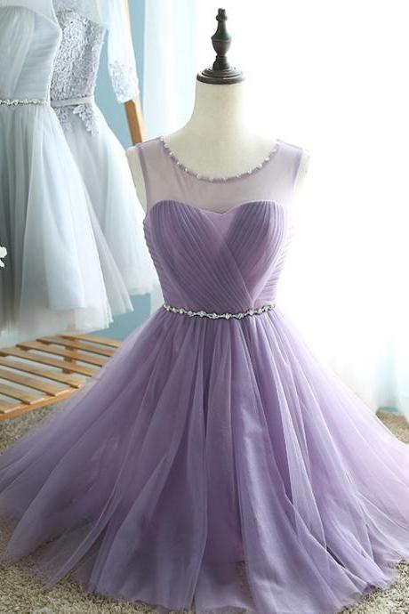 Round Neckline Knee Length Purple Tulle Homecoming Dresses, Short Cute Prom Dresses, Lovely Teen Formal Dresses