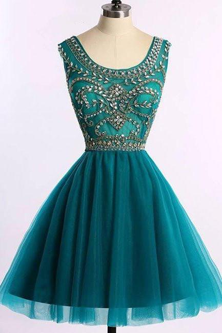 Beaded And Tulle Round Neckline Homecoming Dresses, Short Prom Dresses