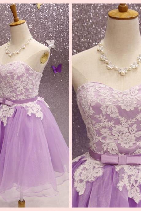 Lovely Short Lace Applique And Tulle Sweet Dresses, Cute Homecoming Dress With Bow, Short Prom Dresses