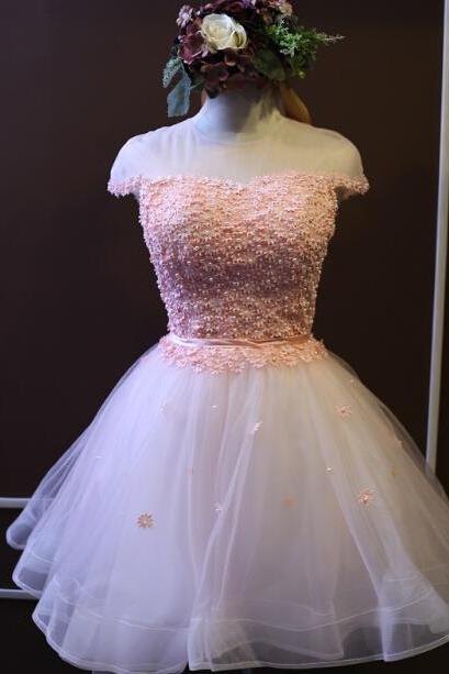 Cute Short Lace-up Pink And White Tulle Ball Gown, Prom Dresses, Cute Homecoming Dresses, Mini Prom Dresses