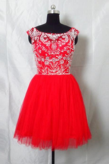 Pretty Red Beadings Tulle Knee Length Prom Dresses, Short Prom Dresses, Graduation Dresses, Evening Gowns