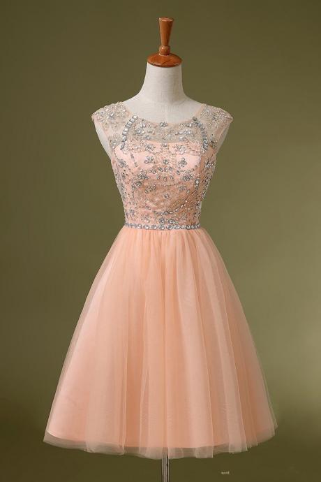 Lovely Short Pink Tulle Style Prom Dresses With Beadings, Short Prom Dresses, Formal Gowns, Evening Dresses