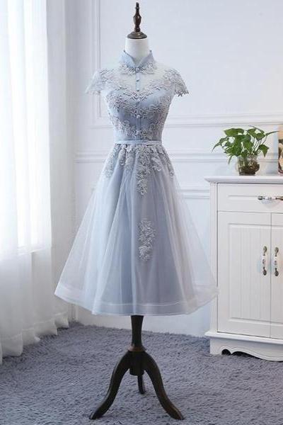 Tulle With Lace Short Party Dress Homecoming Dress, Cap Sleeves Formal Dress