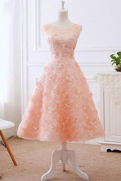 Tea Length Flower Lace Wedding Party Drses, Lace Formal Dress Prom Dress
