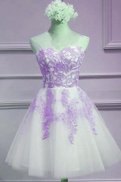 Lovely Sweetheart White Tulle With Purple Lace, Cute Party Dress