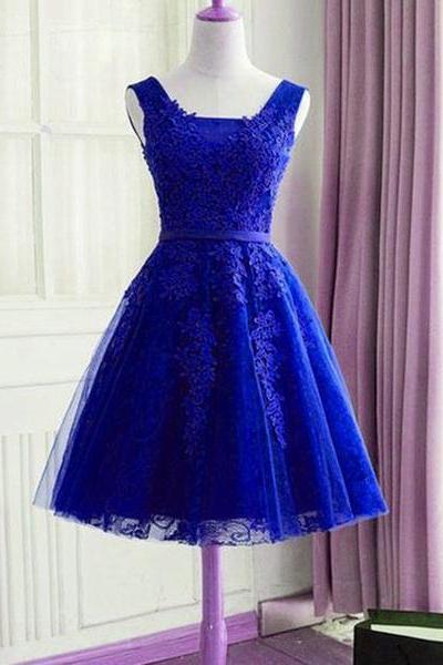 Lace Applique Tulle Knee Length Homecoming Dress, Charming Short Prom Dress