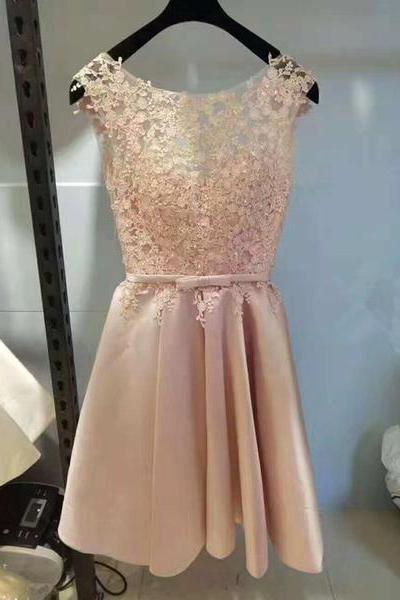 Short Lace And Satin Lovely Knee Length Formal Dress, Party Dress