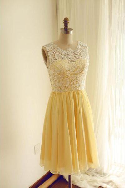 Chiffon And Lace Yellow Bridesmaid Dress, Charming Formal Dress