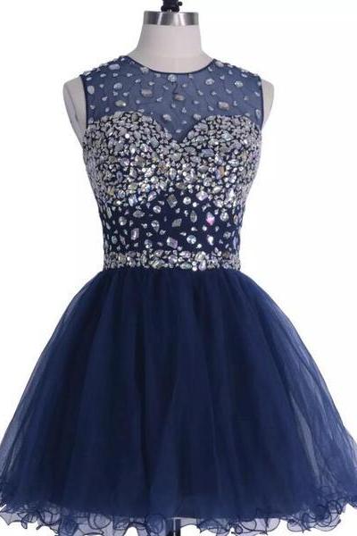 Navy Blue Sparkle Short Homecoming Dresses , Cocktail Dresses Crystal Beading Party Dresses