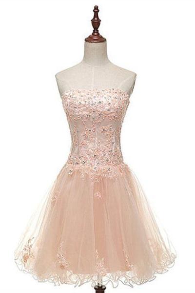 Tulle Pearl Pink Short Lace Applique Homecoming Dresses, Lovely Party Dress 
