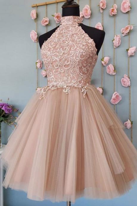 Pink Tulle Lace Short Open Back Prom Dress, Party Dress, Bridesmaid Dresses