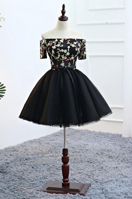 Black Embroidery Tulle Strapless Short Prom Dress, Party Dress