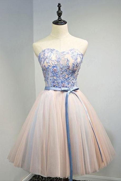 Pink Sweetheart Neck Lace Tulle Short Prom Dress,pink Homecoming Dress