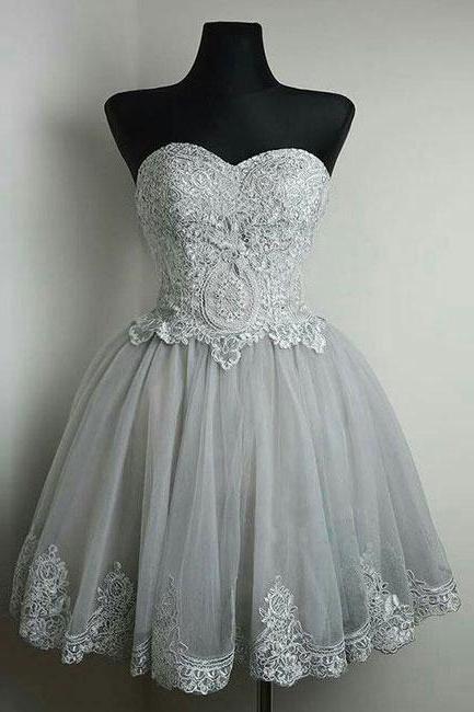 A Line Strapless Sweetheart Homecoming Dresses, Grey Lace Up Homecoming Dresses,lace Appliqued Short Prom Dresses,homecoming Dresses