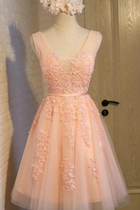 Lace Appliques Bridesmaid Dress,coral Bridesmaid Dress,women Party Dress,short Homecoming Dress