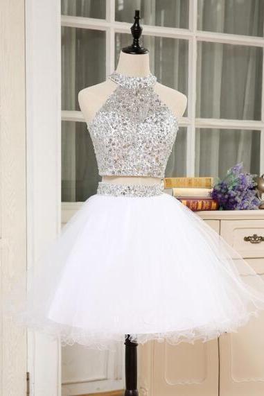Shining 2 Piece Prom Dresses, High Neck Crystal Beaded Puffy Short Homecoming Dress