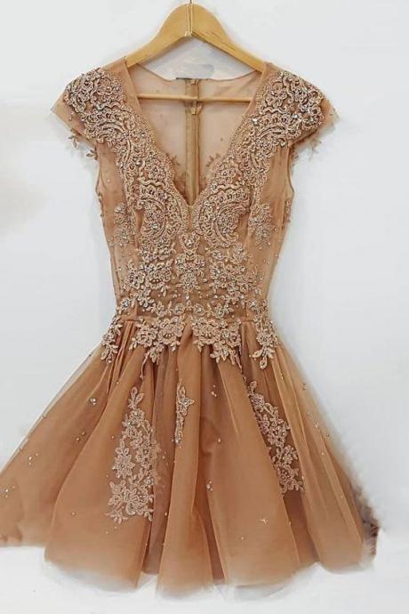Champagne Tulle Short Homecoming Dress,cap Sleeve V Neck Prom Dress With Appliques, Sexy Party Gown