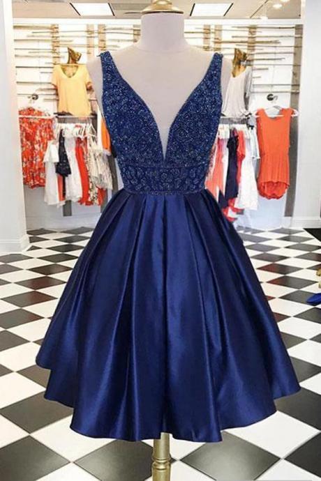 A-line Dark Blue Beaded Homecoming Dress, Short Prom Dress